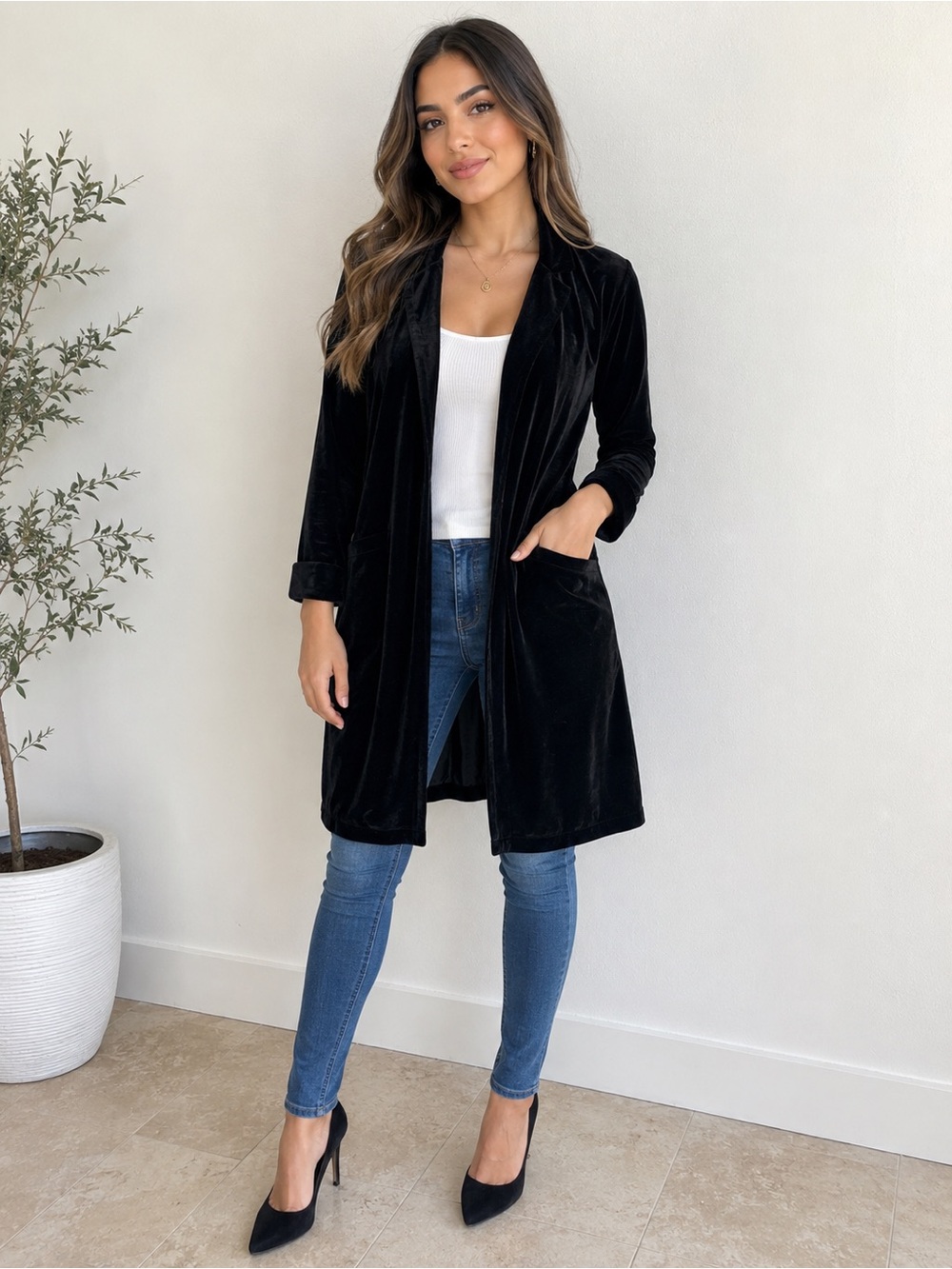 HAVE Black Velvet Longline Open Front Blazer Jacket Size Small Pockets